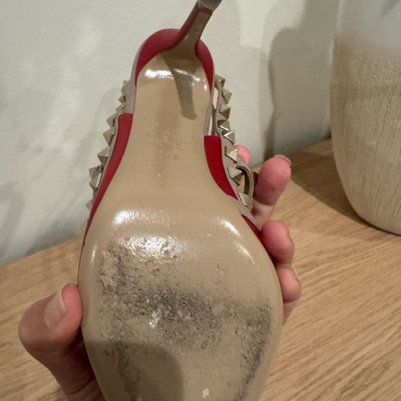 Valentino Red Pointed-Toe Rockstud T-Strap Pumps with Nude Straps - Picture 6 of 15